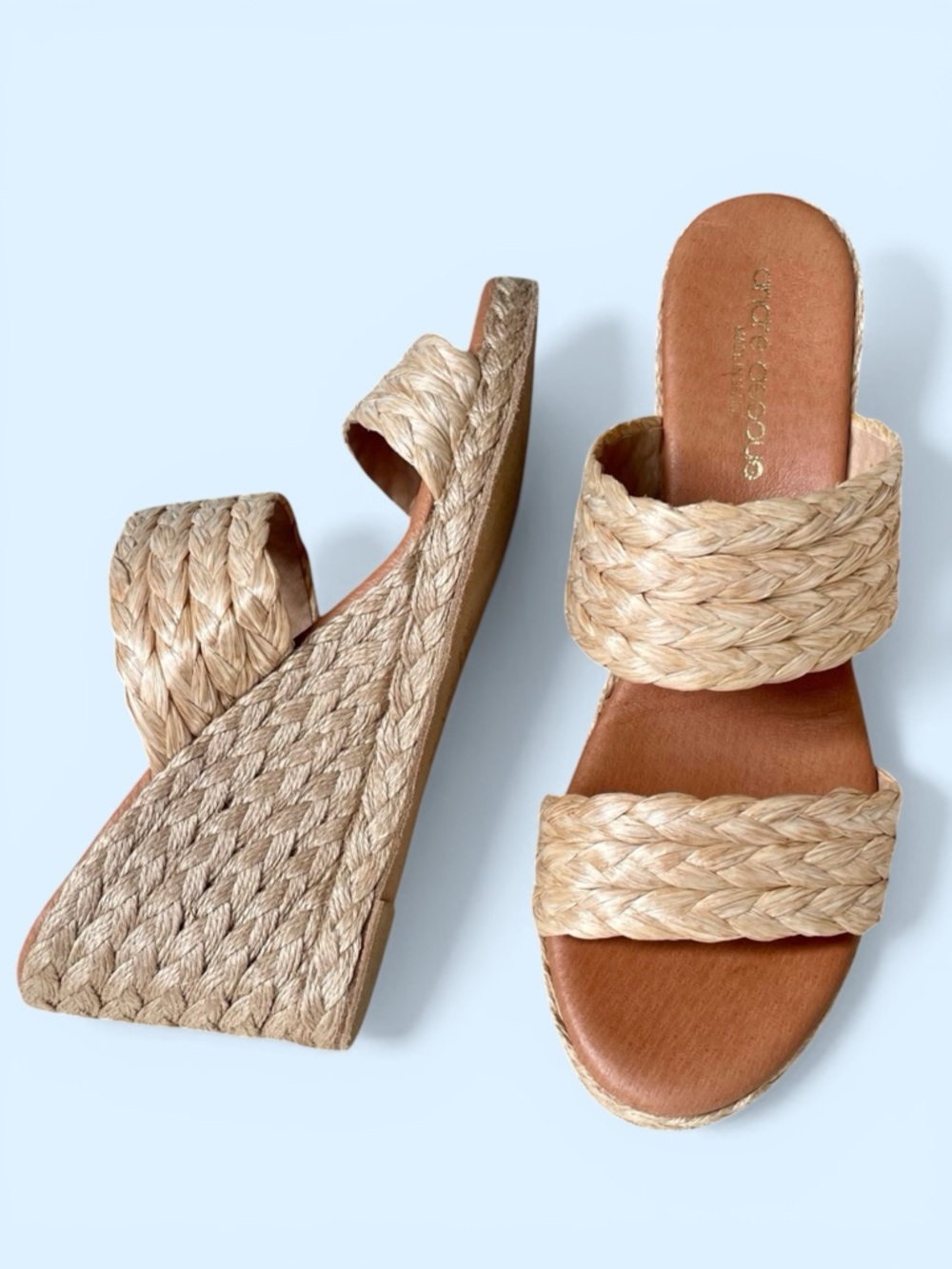 André Assous Beige Raffia Double Strap Platform Wedge Sandals Sz 38